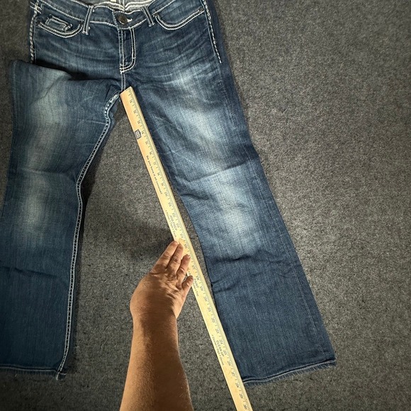 BKE Starlite Flare Jeans Womens 29L Medium Wash Blue Contrast Stitch Low Rise - Picture 9 of 11